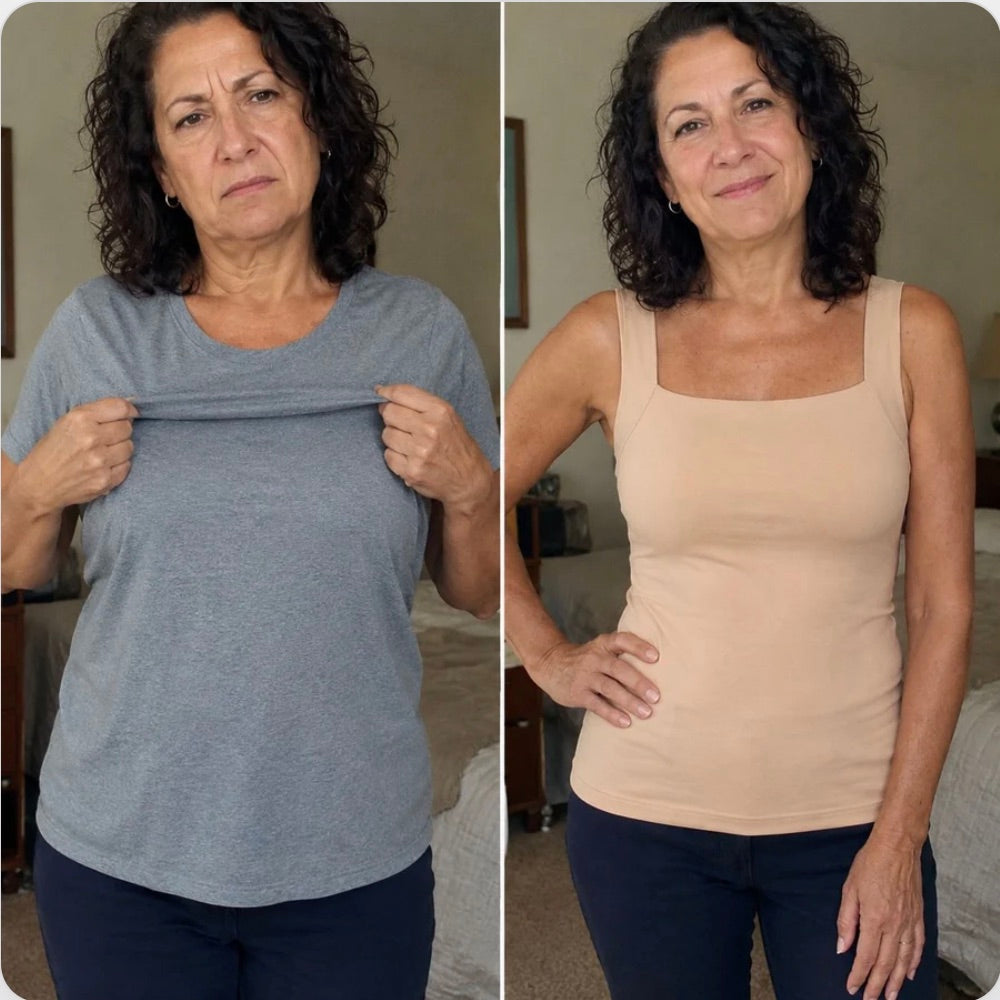 Side by side view of a woman before and after wearing a supportive tank