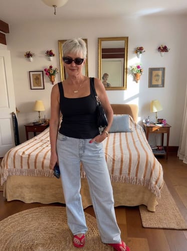 Ayah customer wearing the black Restore Bra Tank with light jeans